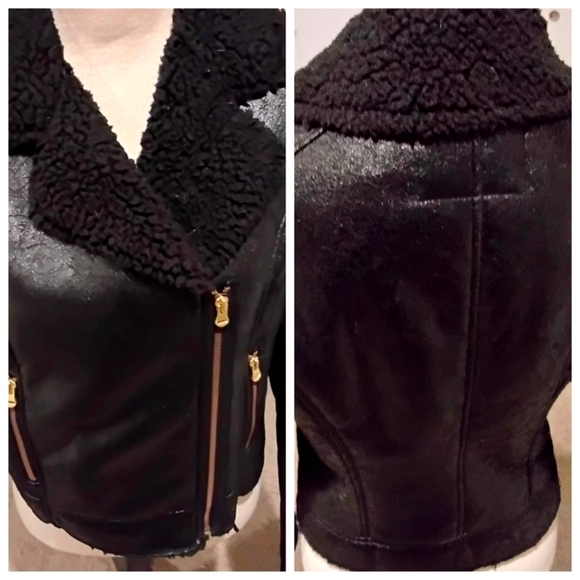 Rachael Roy Black Faux Shearling/Leather Fully Lined Crackling Moto Jacket - Picture 1 of 11